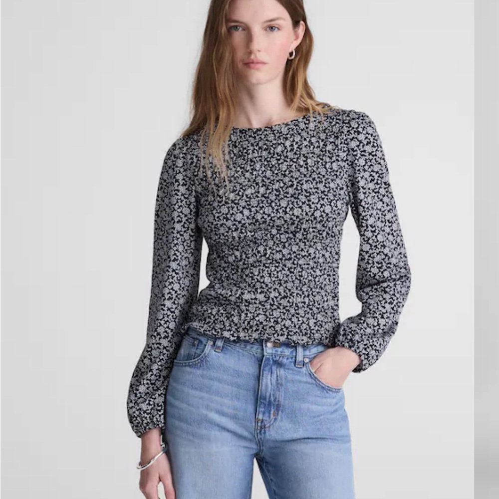 Madewell Black and White Floral Long-Sleeve Blouse size XL